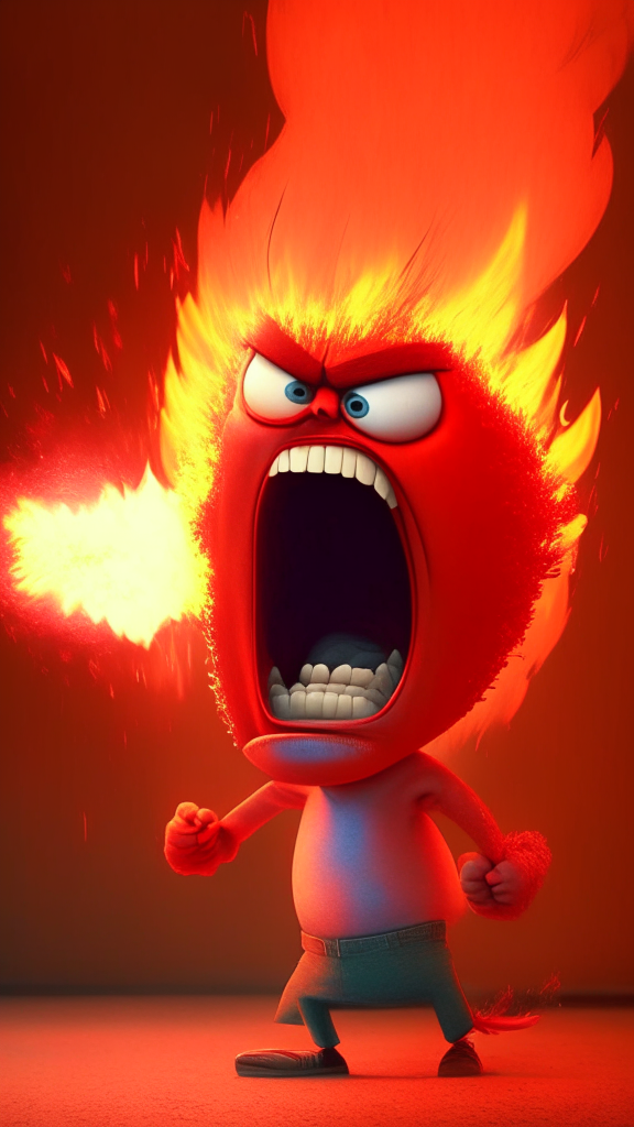 Anger the red character of Inside Out is breathing fire, Pixar style, detailed
