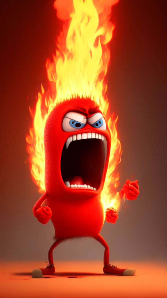 Anger the red character of Inside Out is breathing fire, Pixar style, detailed