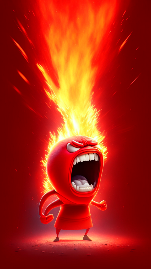 Anger the red character of Inside Out breathing fire in the space, Pixar style, detailed