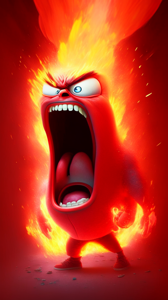 Anger the red character of Inside Out breathing fire in the space, Pixar style, detailed