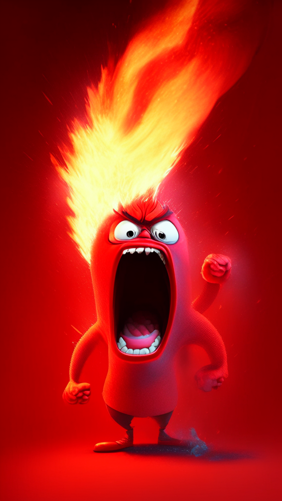 Anger the red character of Inside Out breathing fire in the space, Pixar style, detailed