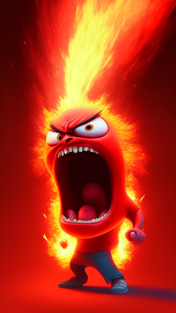 Anger the red character of Inside Out breathing fire in the space, Pixar style, detailed