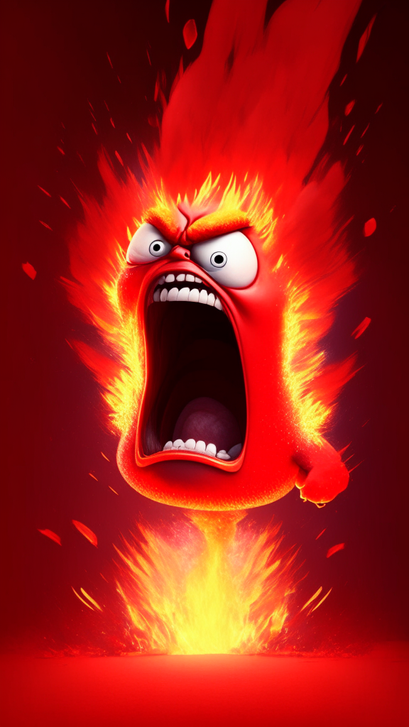 Anger the red character of Inside Out  breathing fire in the space, Pixar style, detailed