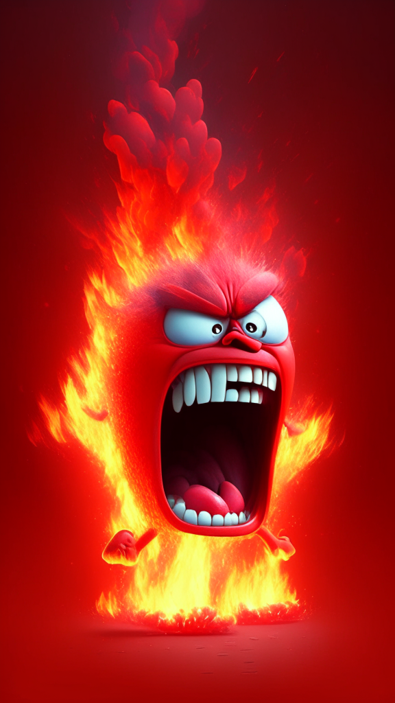 Anger the red character of Inside Out  breathing fire in the space, Pixar style, detailed