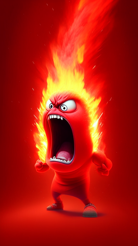 Anger the red character of Inside Out  breathing fire in the space, Pixar style, detailed