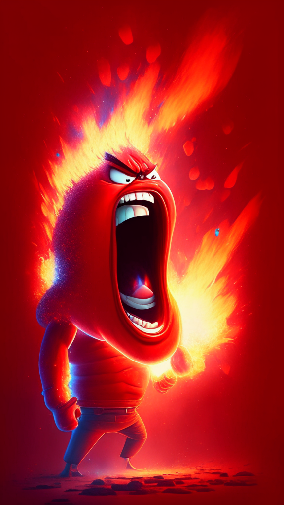 Anger the red character of Inside Out  breathing fire , galaxy in background . Pixar style, detailed