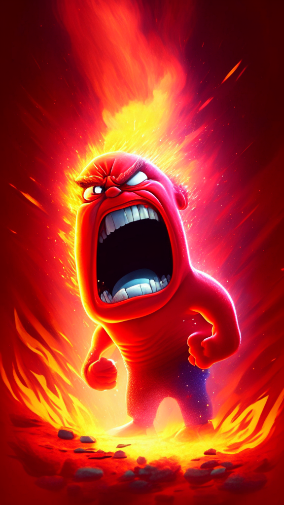 Anger the red character of Inside Out  breathing fire , galaxy in background . Pixar style, detailed