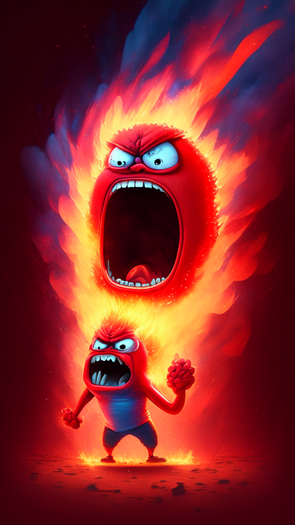 Anger the red character of Inside Out  breathing fire , galaxy in background . Pixar style, detailed