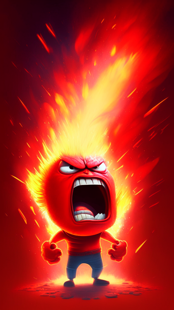 Anger the red character of Inside Out  breathing fire , galaxy in background . Pixar style, detailed