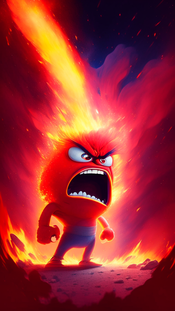 Anger the red character from Inside Out breathing fire with an intense galaxy background in the distance, Pixar style, detailed