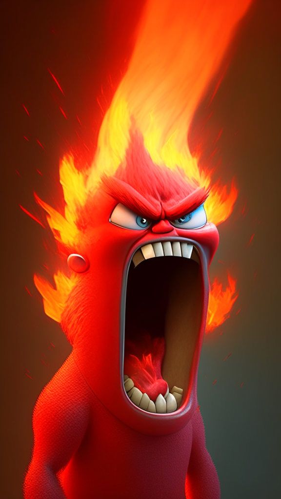 Anger the red character of Inside Out  breathing fire, Pixar style, detailed