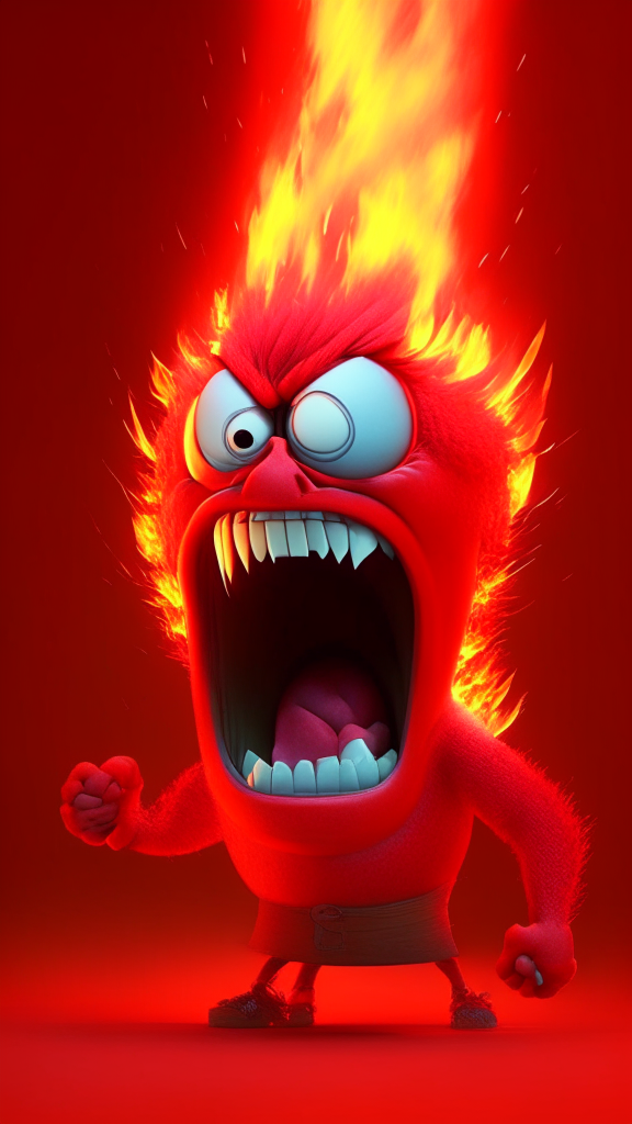 Anger the red character of Inside Out  breathing fire, Pixar style, detailed