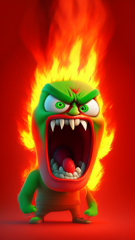 Anger the red character of Inside Out, has a green eyes and is breathing fire, Pixar style, detailed