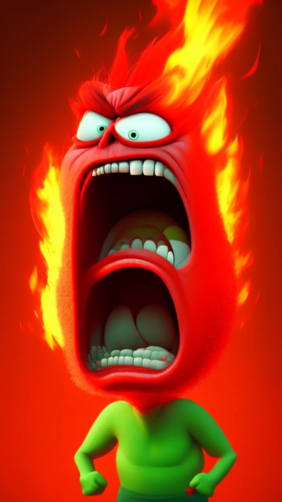 Anger the red character of Inside Out, has a green eyes and is breathing fire, Pixar style, detailed