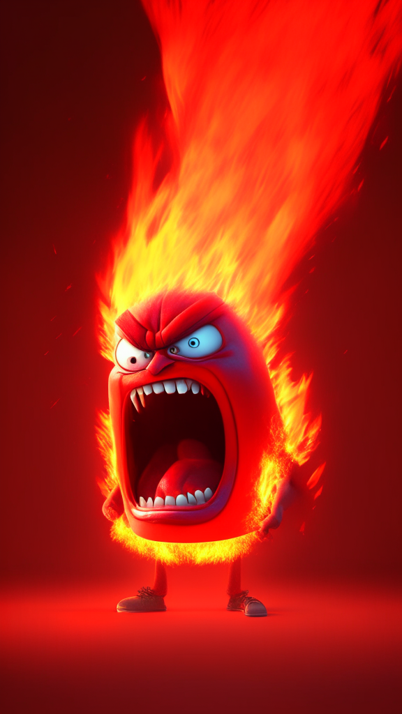 Anger the red character of Inside Out  breathing fire, Pixar style, 4k