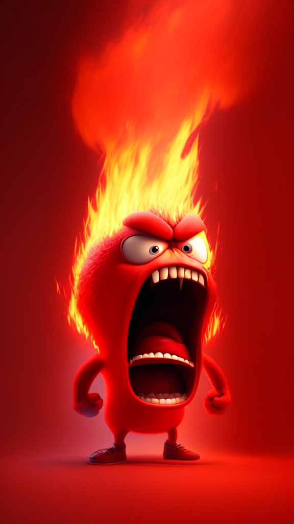 Anger the red character of Inside Out  breathing fire, Pixar style, 4k