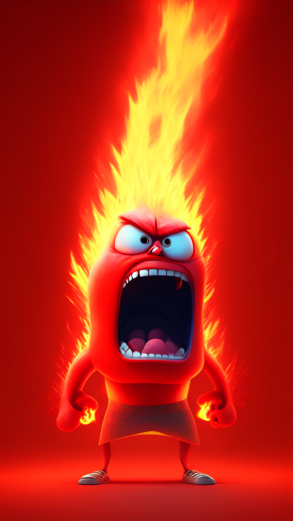 Anger the red character of Inside Out  breathing fire, Pixar style, 4k