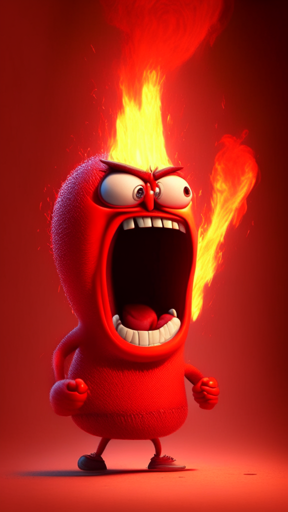 The red character of Inside Out  breathing fire, Pixar style, detailed