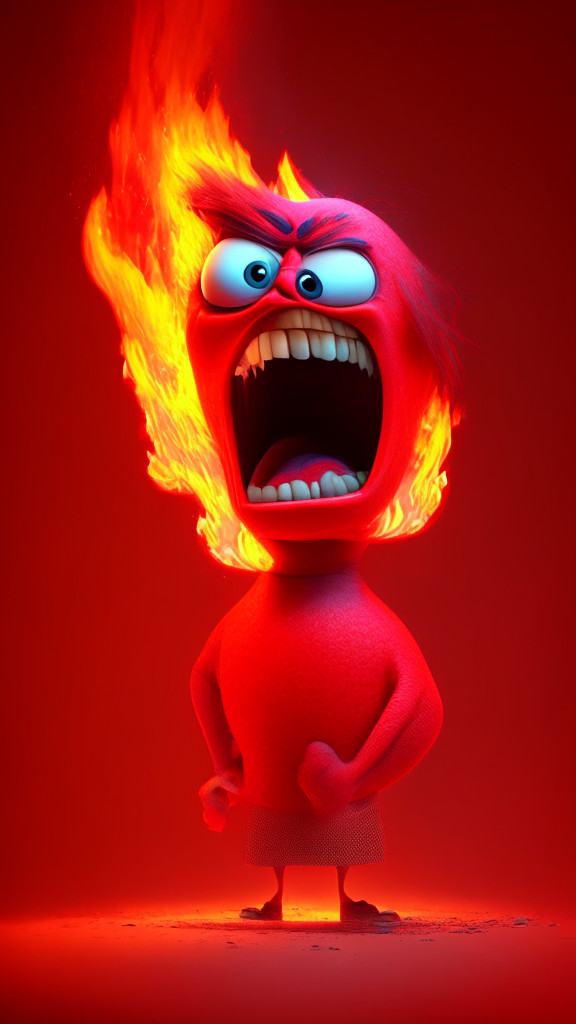 The red character of Inside Out  breathing fire, Pixar style, detailed