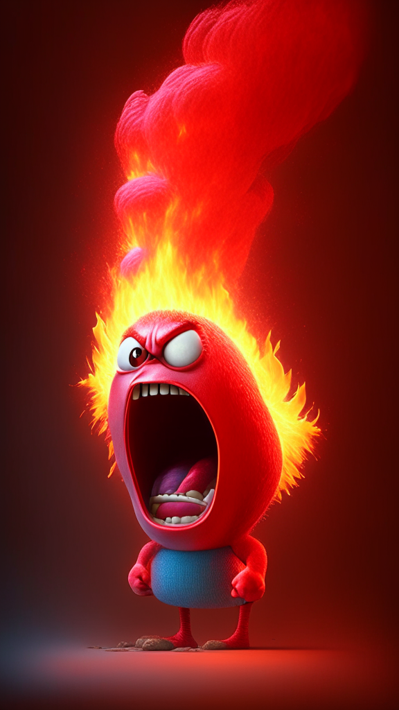 The red character of Inside Out  breathing fire, Pixar style, detailed