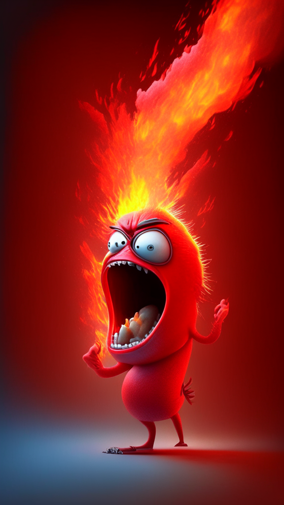 The red character of Inside Out  breathing fire, Pixar style, detailed