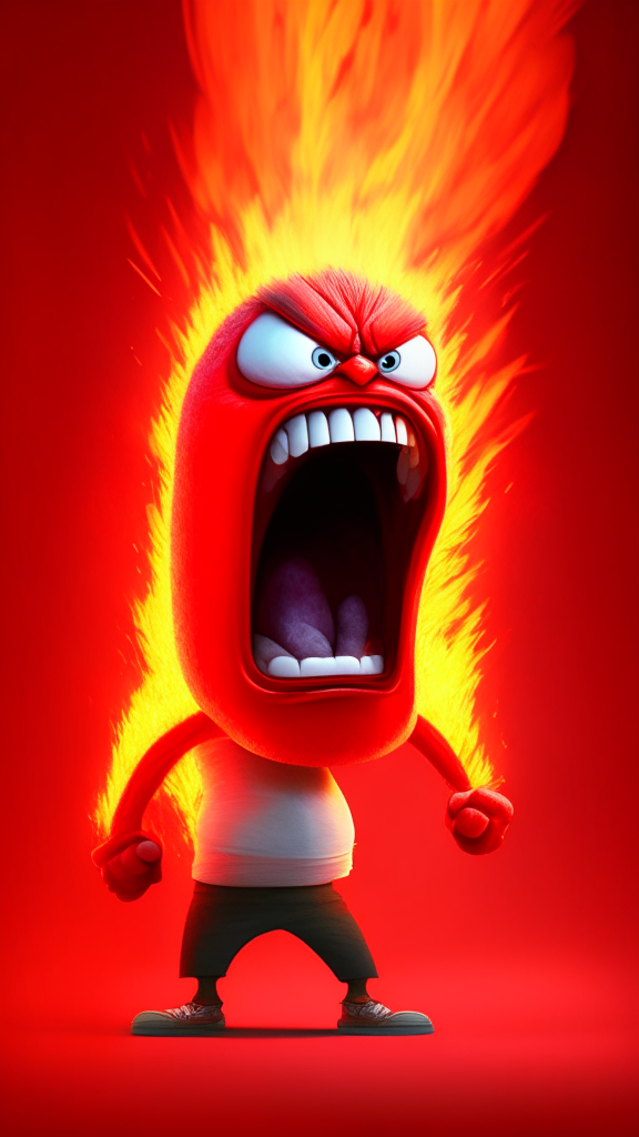 Anger the red character of Inside Out  breathing fire, Pixar style, detailed