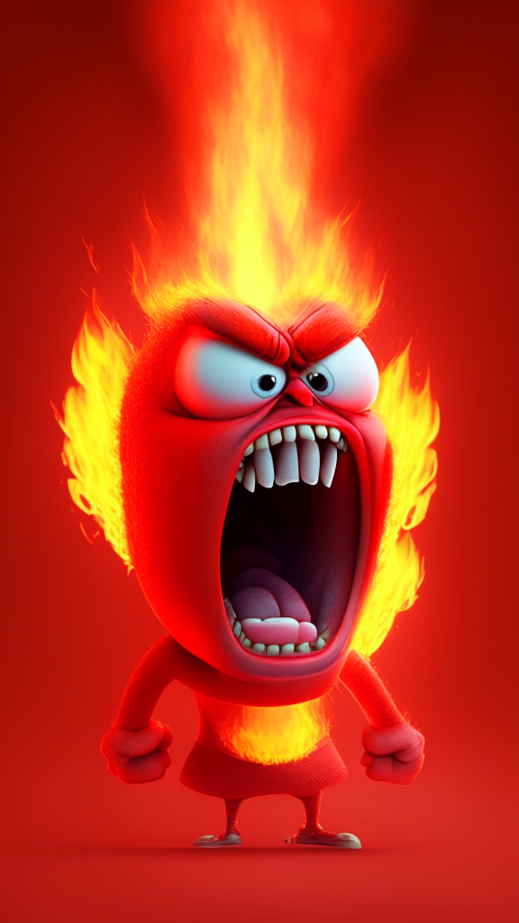 Anger the red character of Inside Out  breathing fire, Pixar style, detailed