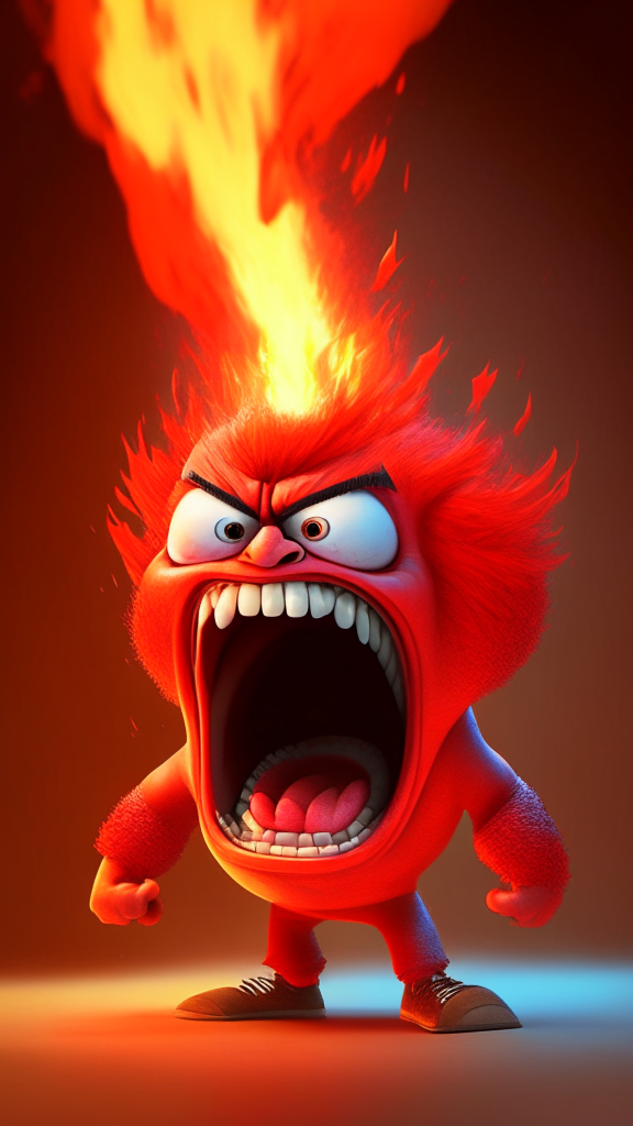 Anger the red character of Inside Out  breathing fire, Pixar style, detailed