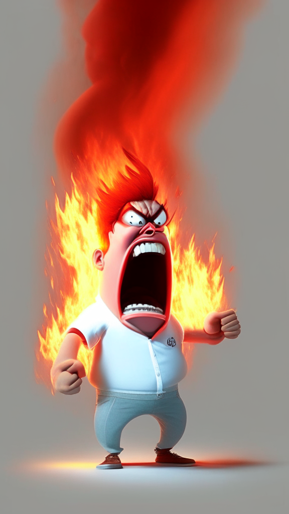 Anger the red character of Inside Out, is wearing a white shirt and is breathing fire, Pixar style, detailed