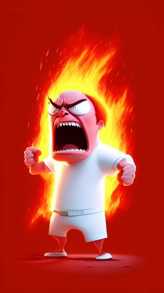 Anger the red character of Inside Out, is wearing a white shirt and is breathing fire, Pixar style, detailed