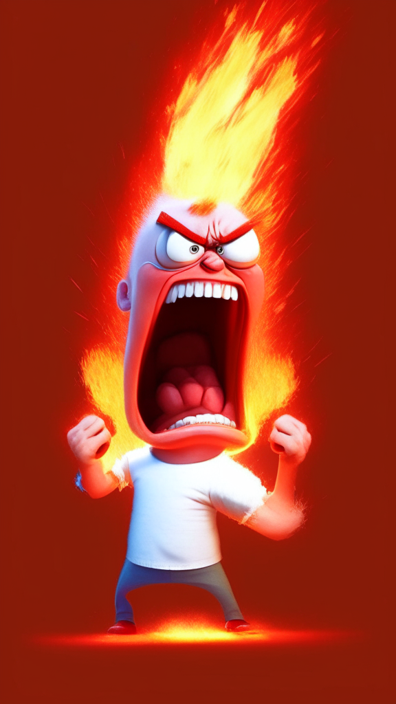 Anger the red character of Inside Out, is wearing a white shirt and is breathing fire, Pixar style, detailed