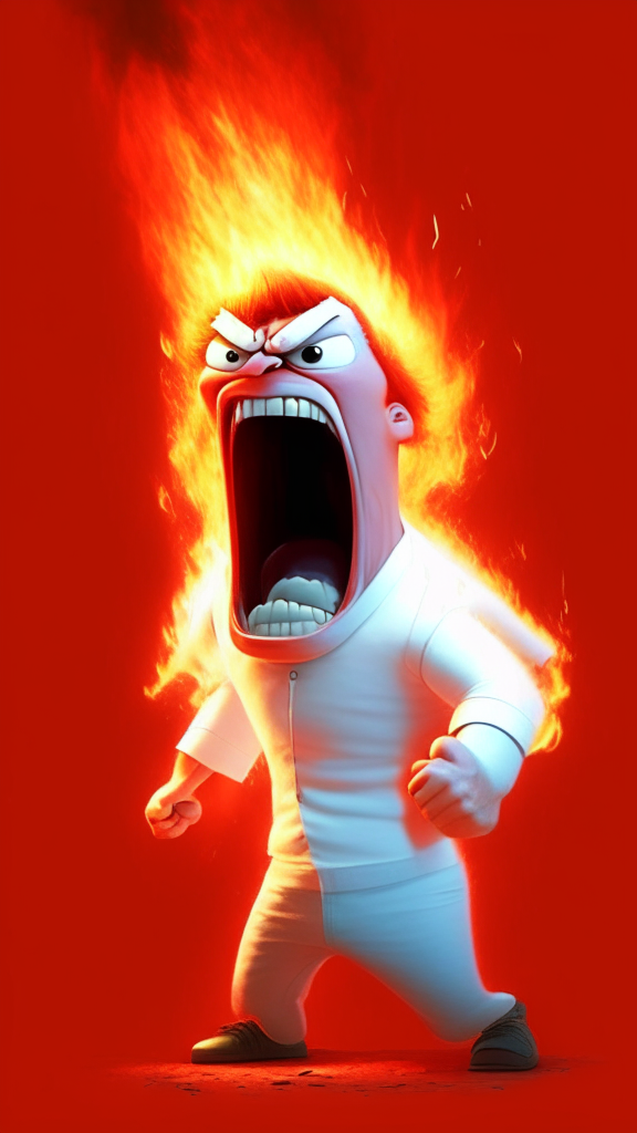 Anger the red character of Inside Out, is wearing a white shirt and is breathing fire, Pixar style, detailed