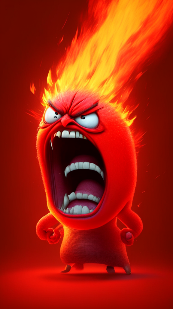 Anger the red character of Inside Out  breathing fire, Pixar style, detailed