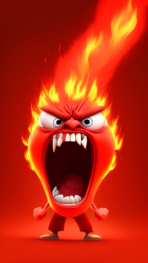Anger the red character of Inside Out  breathing fire, Pixar style, detailed