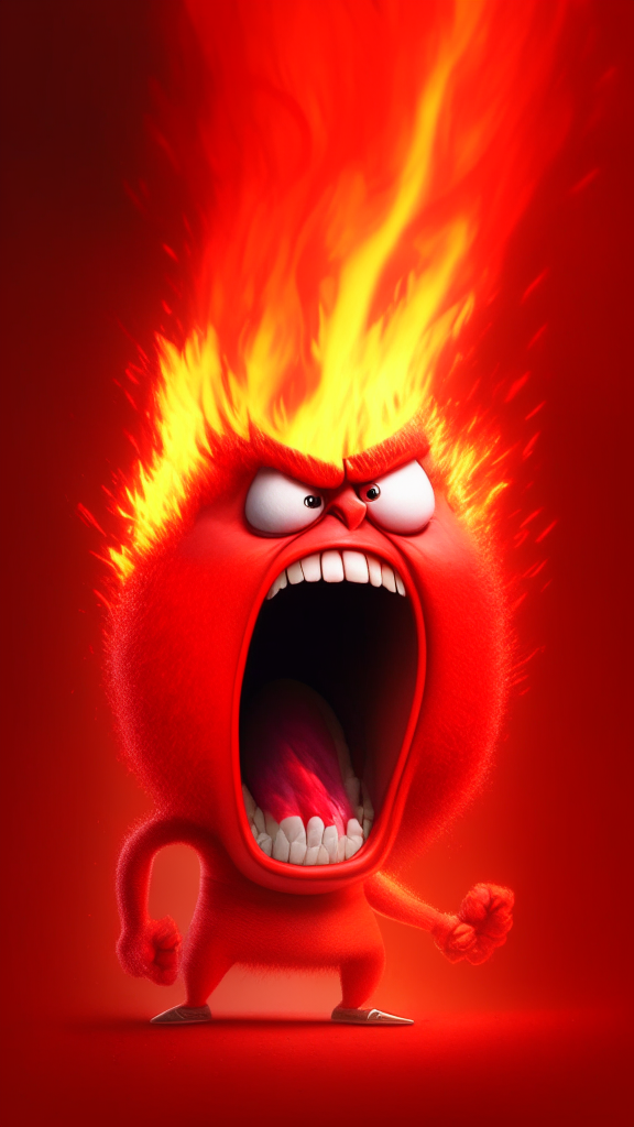 Anger the red character of Inside Out  breathing fire, Pixar style, detailed