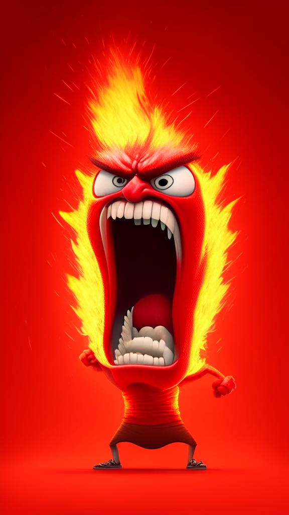 Anger the red character of Inside Out  breathing fire, Pixar style, detailed