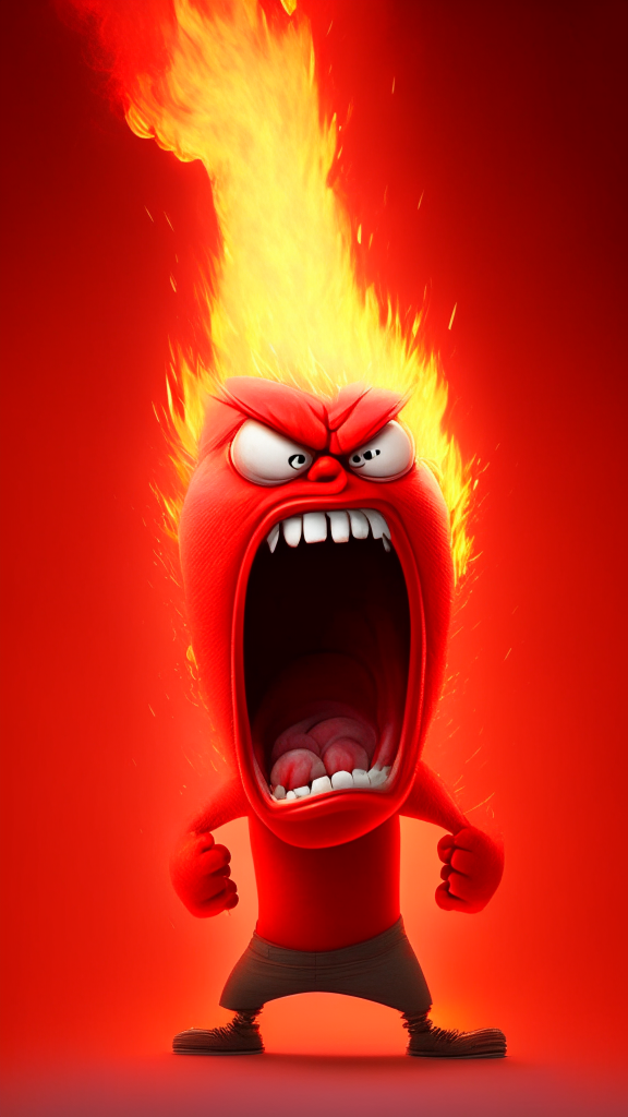 Anger the red character of Inside Out  breathing fire, Pixar style, detailed