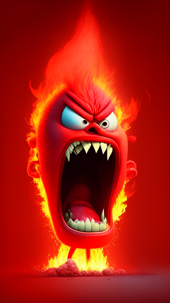 Anger the red character of Inside Out  breathing fire, Pixar style, detailed