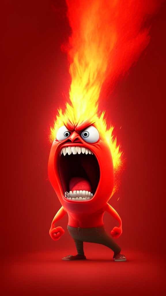 Anger the red character of Inside Out  breathing fire, Pixar style, detailed