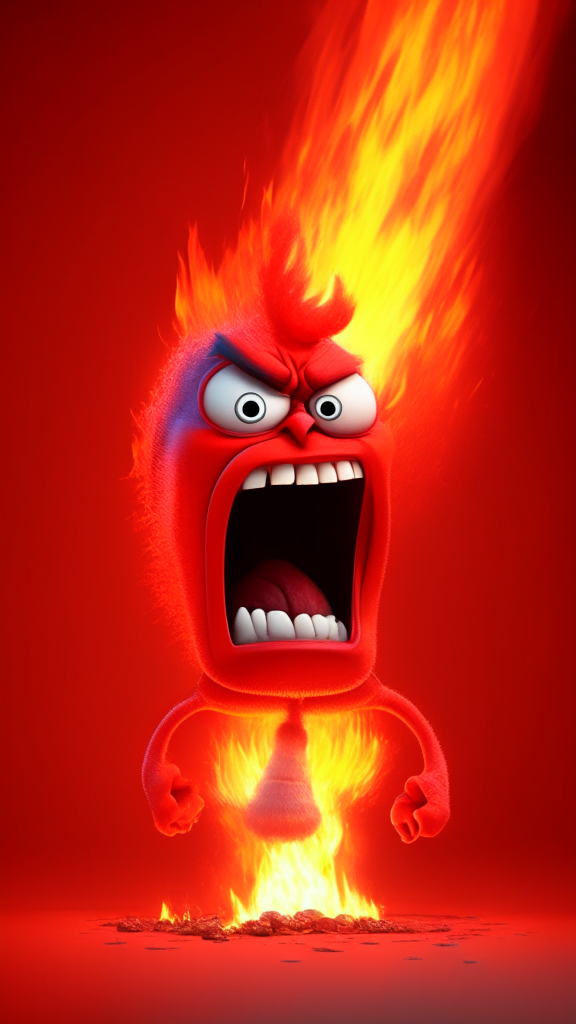 Anger the red character of Inside Out  breathing fire, Pixar style