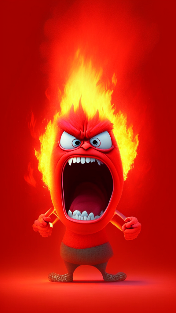 Anger the red character of Inside Out  breathing fire, Pixar style