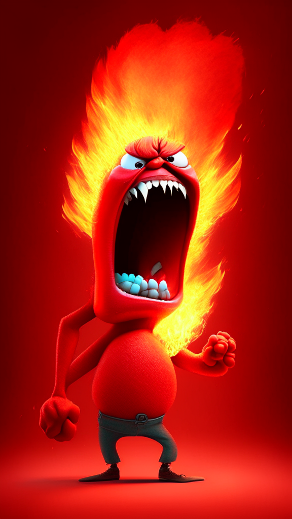 Anger the red character of Inside Out  breathing fire, Pixar style