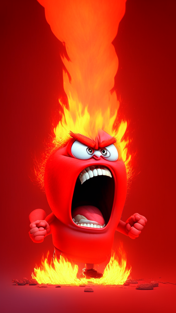 Anger the red character of Inside Out  breathing fire, Pixar style