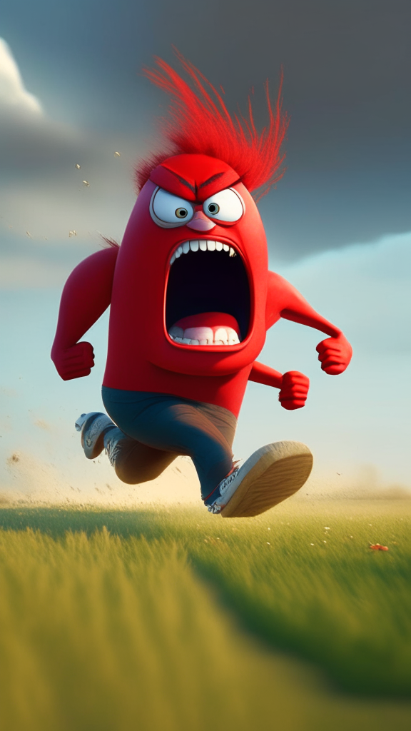 Anger the red character of Inside Out running on the field, Pixar style, detailed