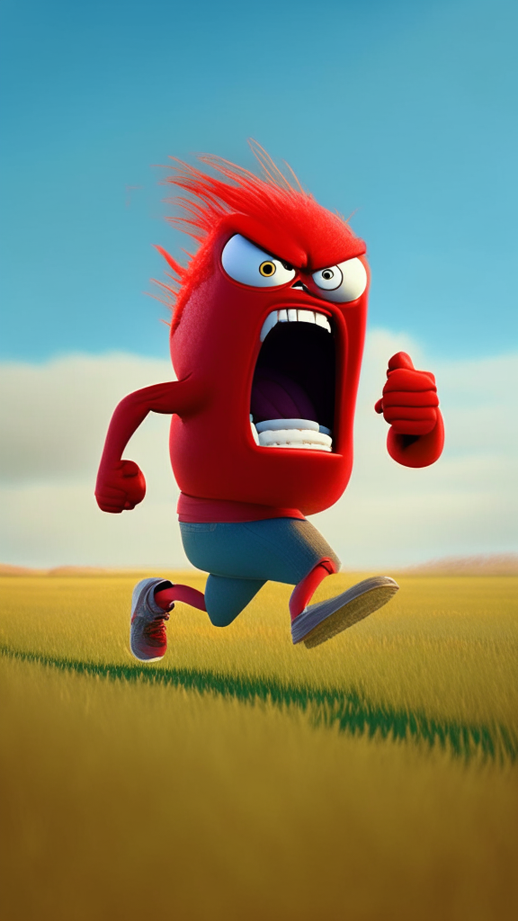 Anger the red character of Inside Out running on the field, Pixar style, detailed