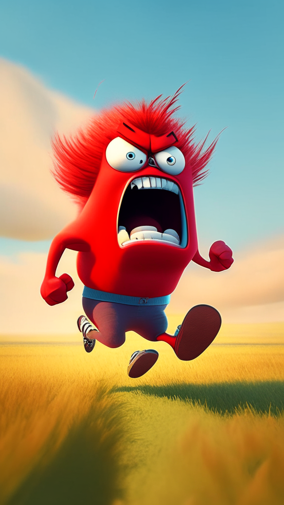 Anger the red character of Inside Out running on the field, Pixar style, detailed