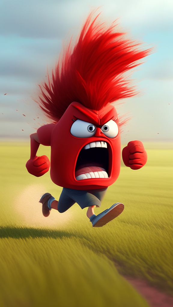 Anger the red character of Inside Out running on the field, Pixar style, detailed