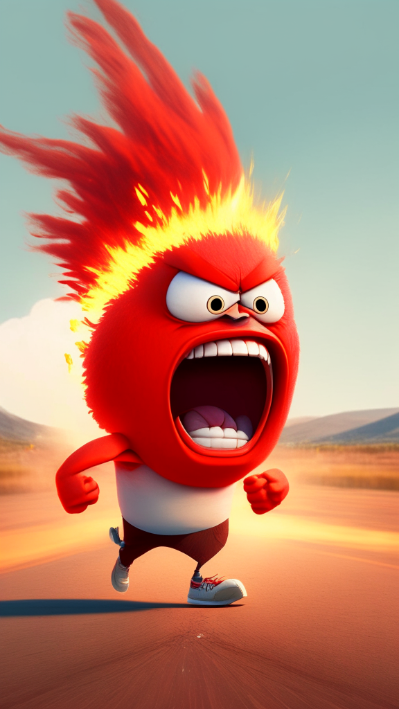 Anger the red character of Inside Out  breathing fire, running on the field Pixar style, detailed