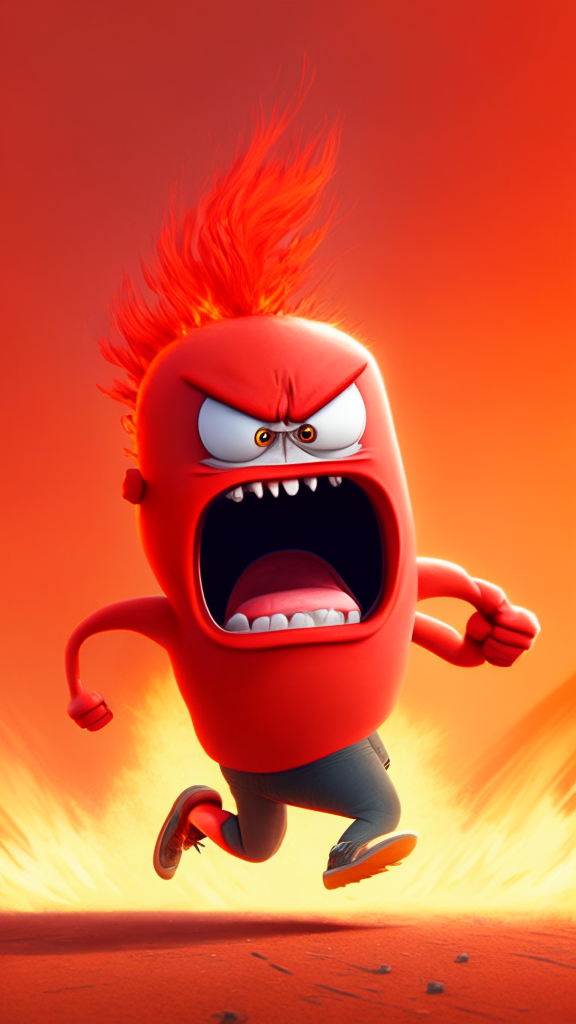 Anger the red character of Inside Out  breathing fire, running on the field Pixar style, detailed