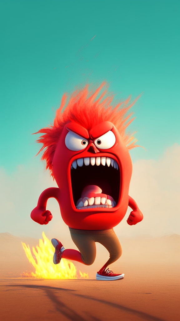 Anger the red character of Inside Out  breathing fire, running on the field Pixar style, detailed